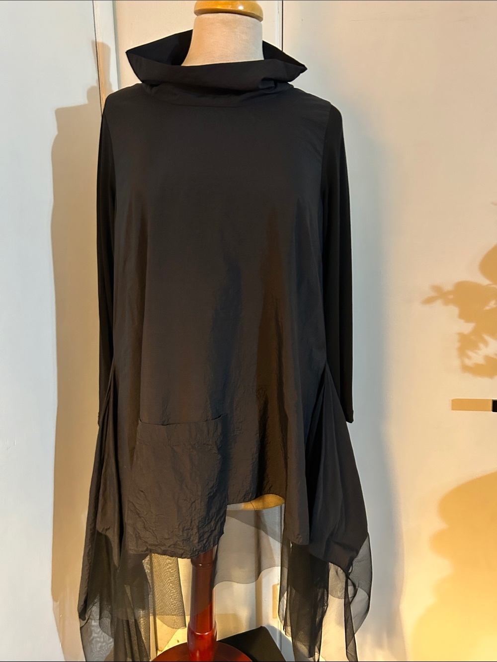Women's Black Hooded Long-Sleeve Tunic with Sheer Hem